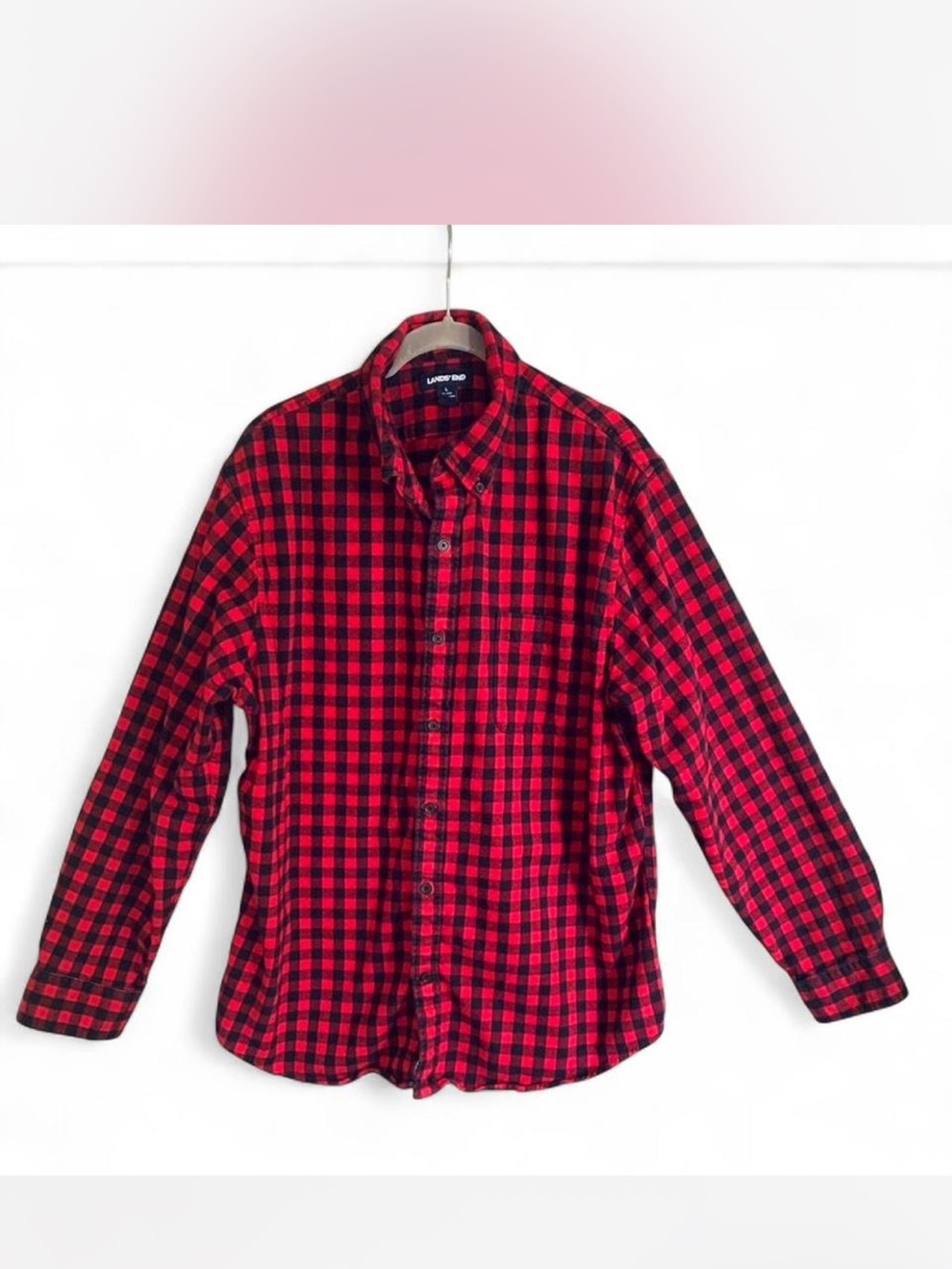 Men’s Cozy Flannel Lands' End Red & Black Buffalo Check Button-Down Shirt size L
